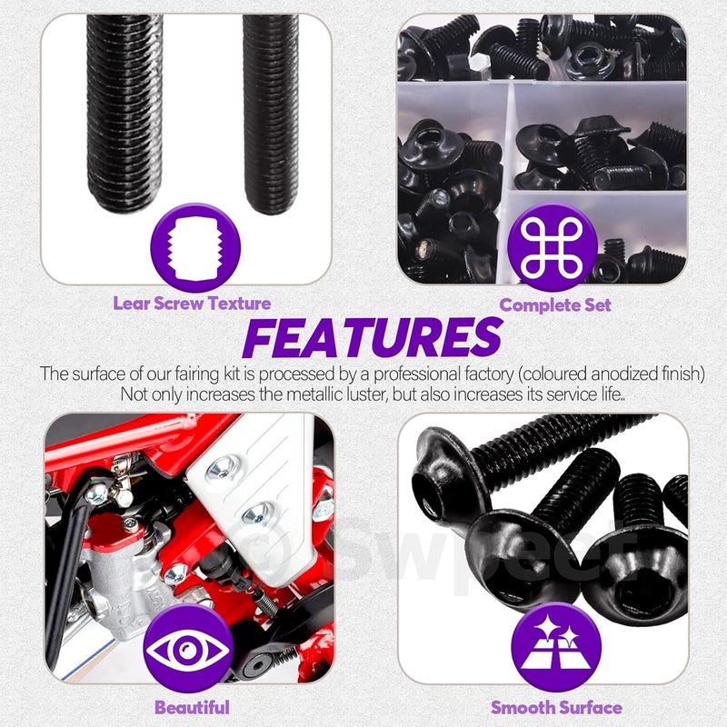 Swpeet 177Pcs 2 Sizes M5 M6 Motorcycle Fairing Bolt Assortment Kit, Motorcycle Windscreen Screws Fasteners Fixing Sportbike Bolts Fairing for All Models & Years Sport Bikes (Black) - Image 5