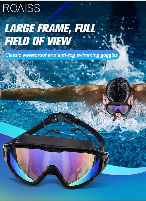 Adult Large Frame Swimming Goggles, No Leak Swim Goggles with Integrated Earplugs, Wide Field of View High Definition Anti-fog UV Protection Pool Goggles for Men Women Black