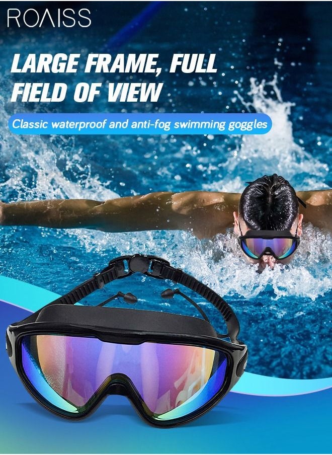 roaiss Adult Large Frame Swimming Goggles, No Leak Swim Goggles with Integrated Earplugs, Wide Field of View High Definition Anti-fog UV Protection Pool Goggles for Men Women Black  - Image 1