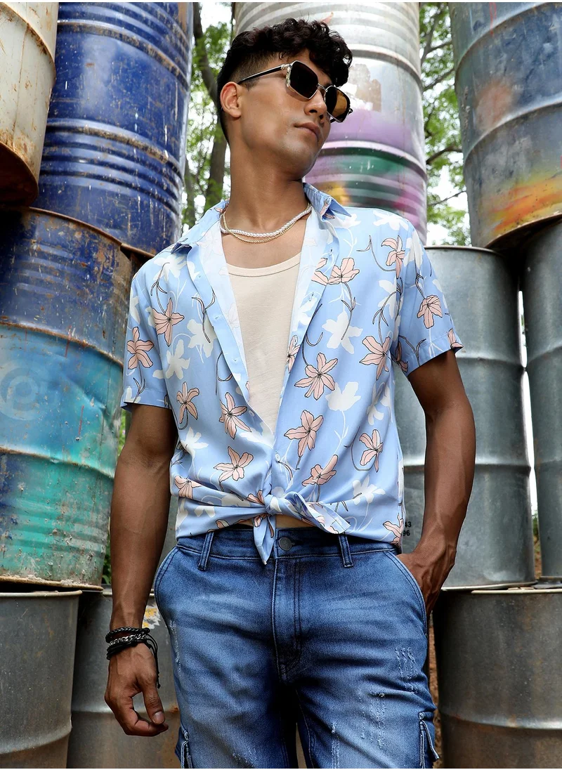 Campus Sutra Men's Sky Blue Airy Flower Shirt