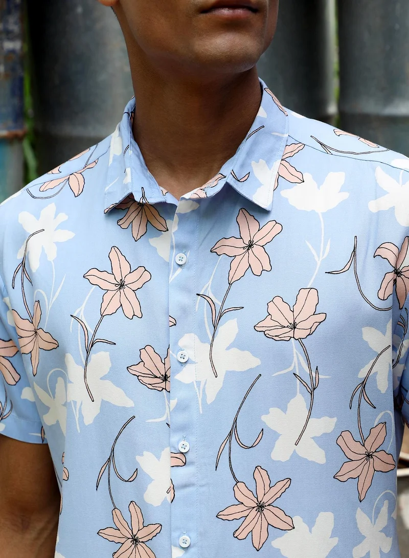 Campus Sutra Men's Sky Blue Airy Flower Shirt