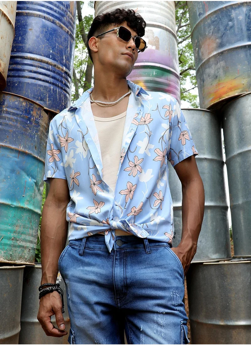 Campus Sutra Men's Sky Blue Airy Flower Shirt