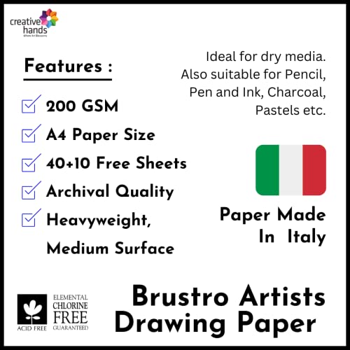 BRUSTRO أوراق رسم BRUSTRO | 200 جرام/متر مربع، A4، عبوة من 50 ورقة (40+10 ورقات) | مثالية للطلاب والبالغين، المدرسة، التلوين، الفن الاحترافي، الحرف، الجرافيت، الفحم، الباستيل، الرسم، التظليل، الرسم - Image 2