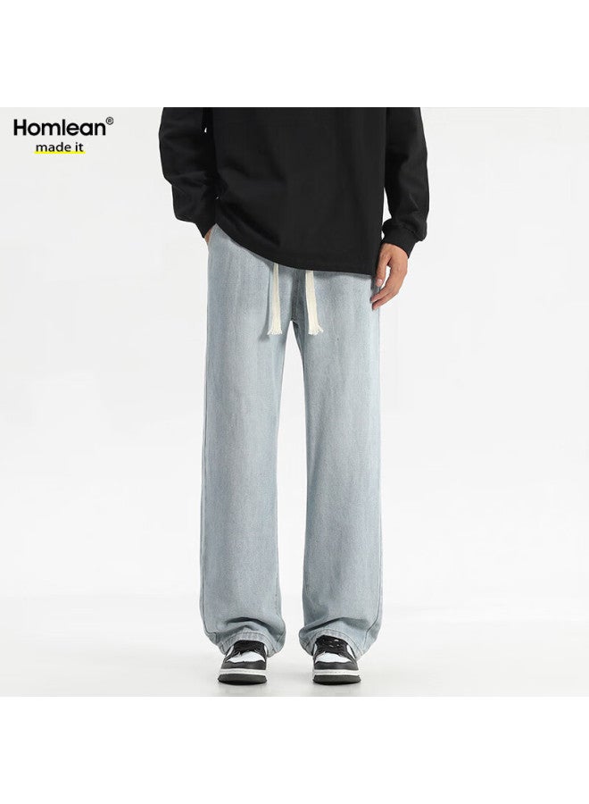 Homlean Men's Summer Water Washed Loose High Street Straight Tube Elastic Waist Casual Jeans Hs15 Light Blue S - Image 1