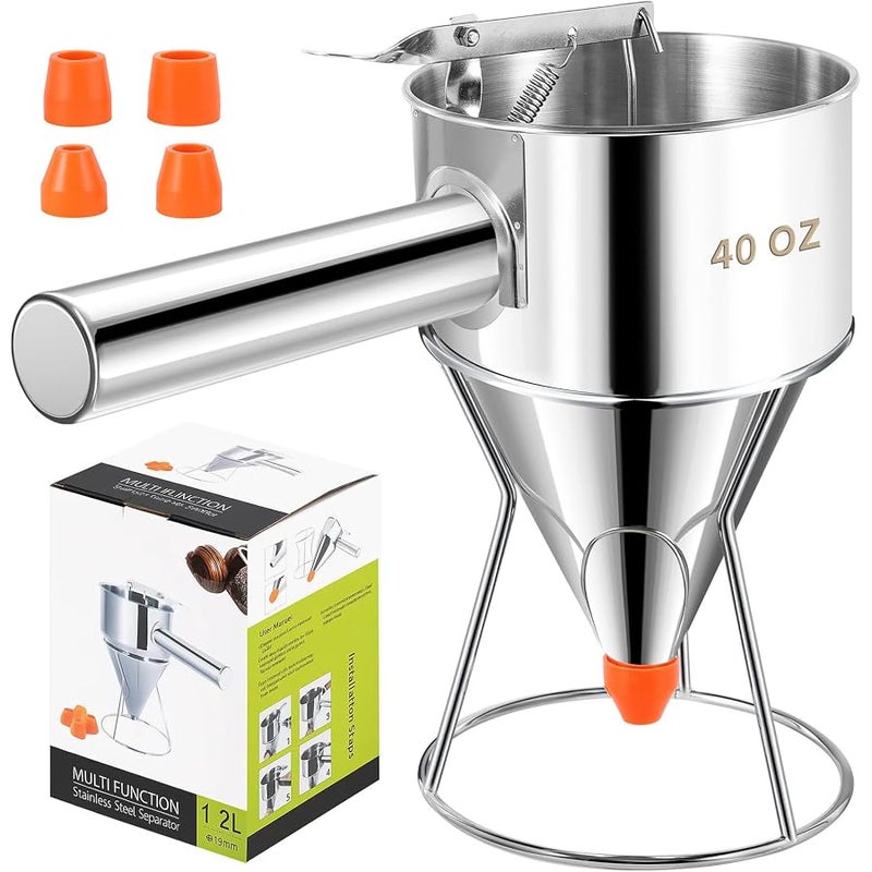 Babcarriery Pancake Batter Dispenser 40 oz - Funnel Cake Dispenser With Stand, Stainless Steel, Leak-Proof Nozzle & Squeeze Handle, Precise Control, for Pancakes, Waffles, Cupcakes & Baked Goods - Image 1
