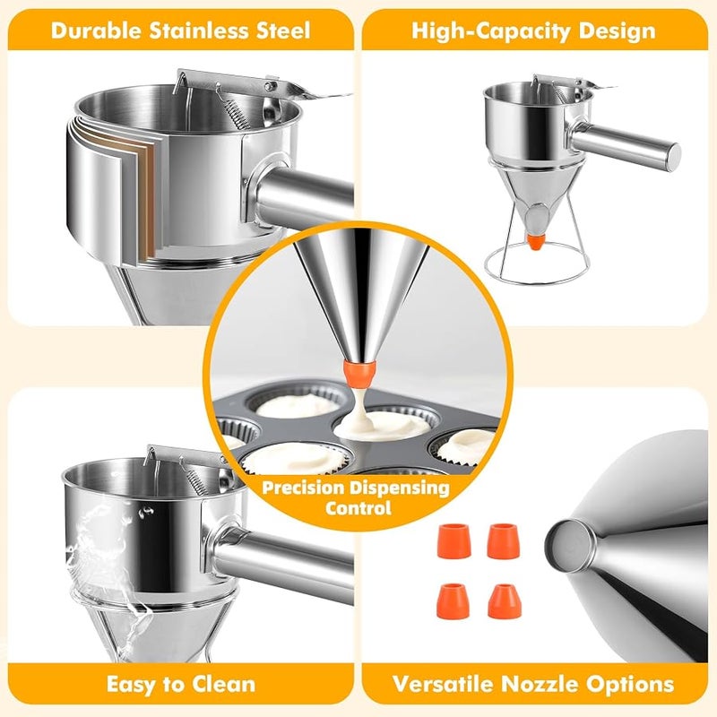Babcarriery Pancake Batter Dispenser 40 oz - Funnel Cake Dispenser With Stand, Stainless Steel, Leak-Proof Nozzle & Squeeze Handle, Precise Control, for Pancakes, Waffles, Cupcakes & Baked Goods - Image 4