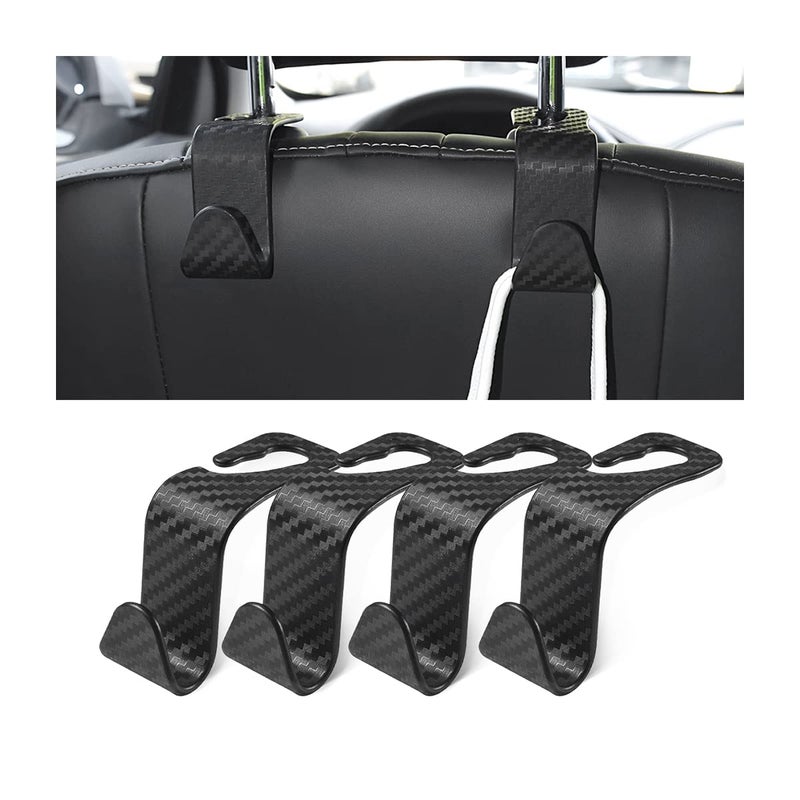 Hanemia Car Back Seat Headrest Hooks, 4 Pack Carbon Fiber Stylish Back Seat Hanger for Car Handbag Clothes Coats Grocery Bags, Car Interior Accessories (Carbon Fibre/Black) - Image 1