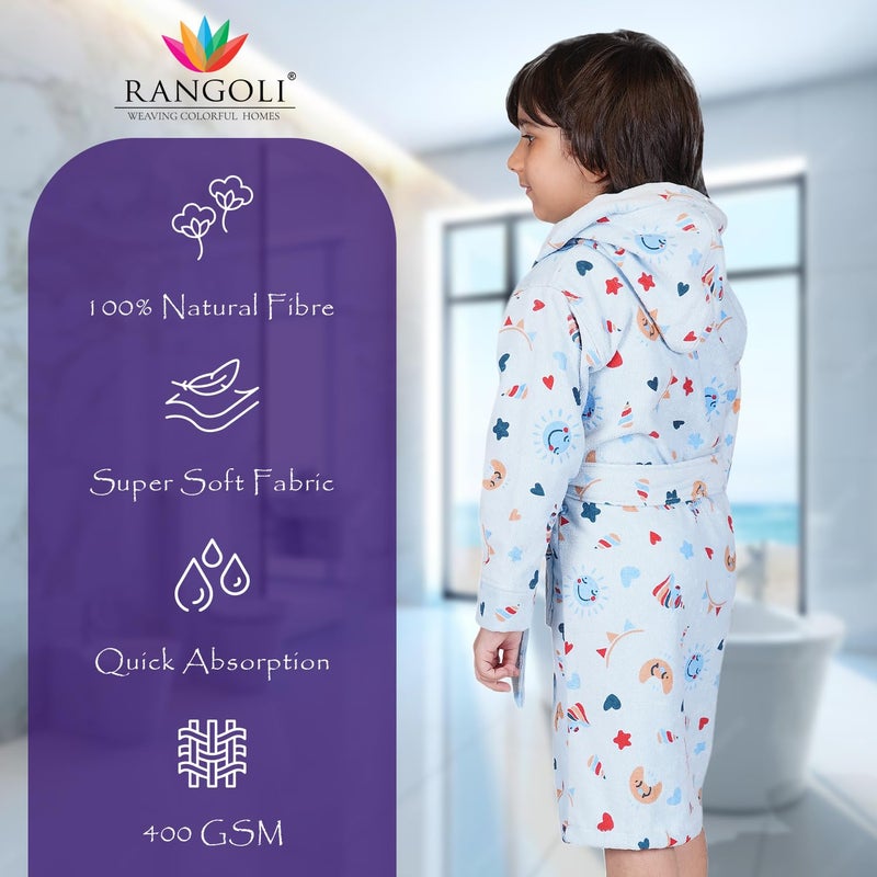 Rangoli 100% Cotton Kids Bathrobe, Hooded, Ultra Soft, 400 GSM, Blue, 7-8 Years - Image 2