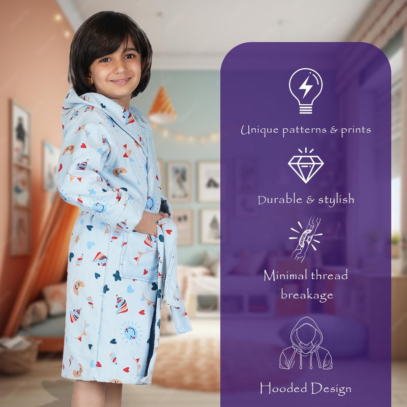 Rangoli 100% Cotton Kids Bathrobe, Hooded, Ultra Soft, 400 GSM, Blue, 7-8 Years - Image 3