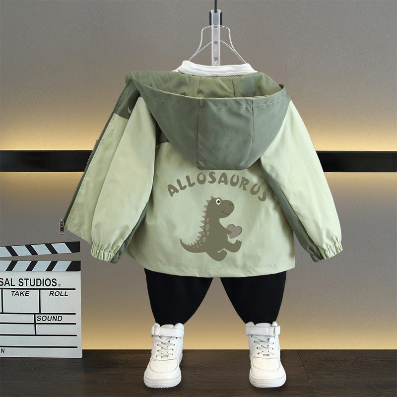 Childrens Clothing 2025 New Boys Coat Childrens Dinosaur Jacket Top Mens Baby Trendy Hooded Coat Thin Army Green (tiptoe dragon) 