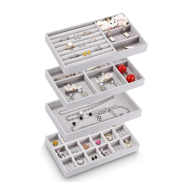 4-Piece Stackable Velvet Jewelry Trays, Drawer and Closet Organizer Set, Removable Inserts for Earrings, Rings, Necklaces, and Bracelets, Gray