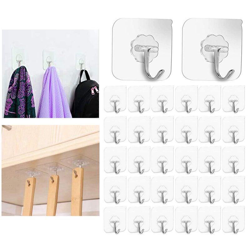 Hsxfl 30 PCS Adhesive Hooks Wall Hanger Hook 13lbMax Bathroom Kitchen Transparent Reusable Seamless Scratch Wall Hooks for Bathrobe Coats Ceiling HangerHanging Waterproof Plastic Hooks - Image 1