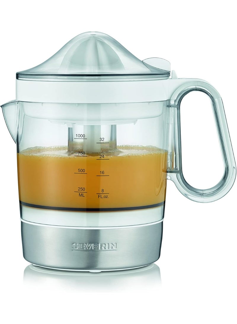 SEVERIN CP 3535 Citrus Juicer with Pulp Regulator, Easy to Use and Easy to Clean Citrus Press with XXL Juice Container, 1.0 L, 40 W, White/Brushed Stainless Steel [Energy Class B]