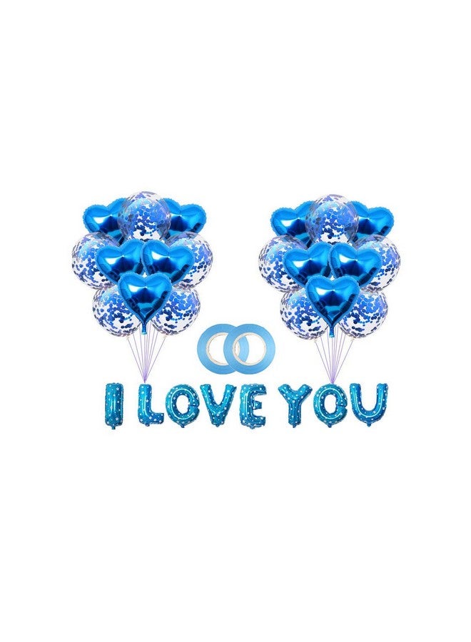 FRECI 30Pcs I Love You Valentines Day Balloons With Ribbon Heart Foil Balloons Confetti Balloons For Valentines Day Wedding Bridal Shower Engagement Party Decorations Blue - Image 1
