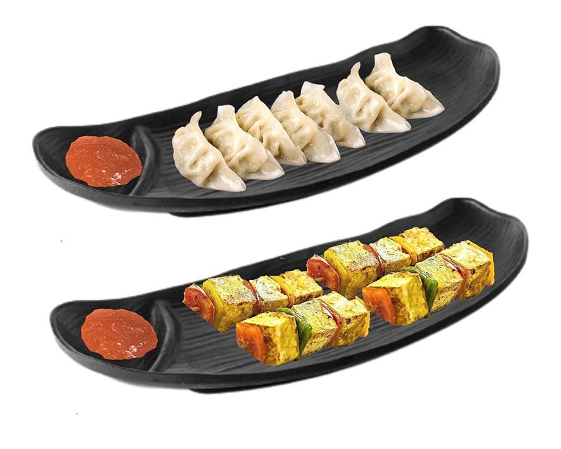 DECOR VIBES Melamine 4 Platter Combo with 2 Dip for French Fries, Momos, Paneer Tikka, Kabab, Serving Dessert and Snacks Platter/Tray (Matt Black, Combo Pack of 6) - Image 2