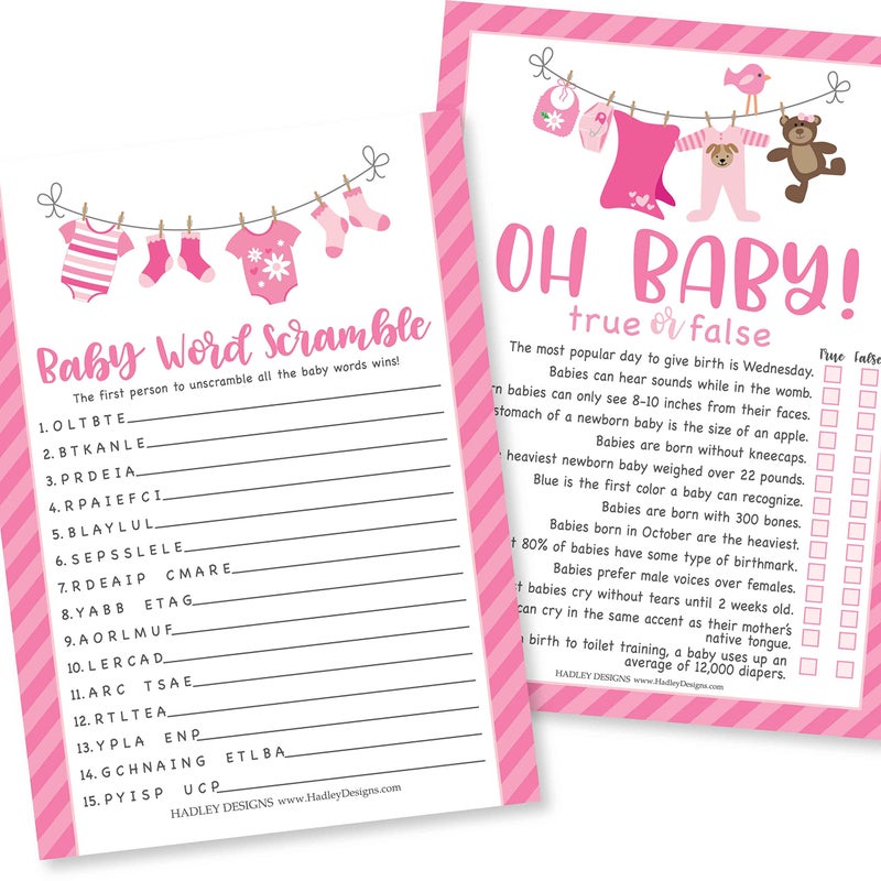 Hadley Designs Hilarious Baby Shower Games for Girls  25 DoubleSided Cards for 25 Guests 2 Games Word Scramble Baby Shower Game True or False USAMade Pink