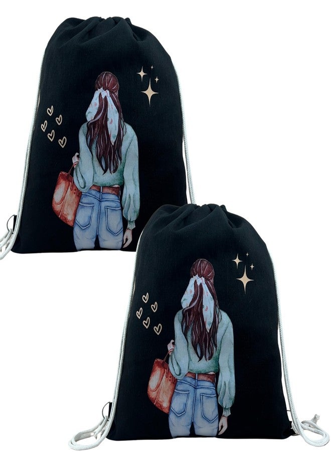 Madosh Black Cotton Jute Drawstring Bag for Women - Durable Lightweight Backpack, Gym & Sports Sack, Shopping Tote, Fashion Travel Bag Gift (18x16 Inch) (Pack of 2) - Image 1