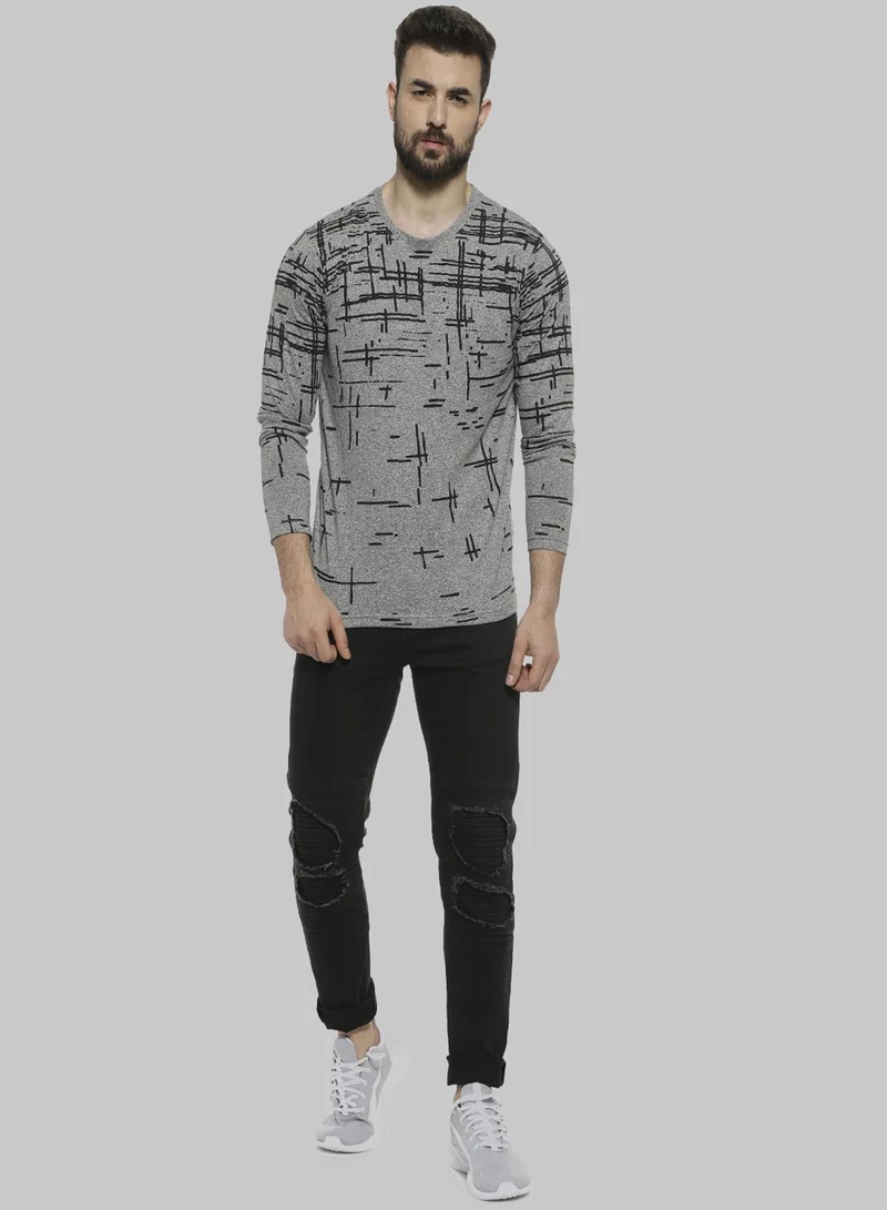 Campus Sutra Campus Sutra Men's Grey Printed Crewneck Long Sleeve Regular Fit T-Shirt For Casual Wear | Modern Clothing T-Shirt Crafted With Comfort Fit And High-Performance For Everyday Wear