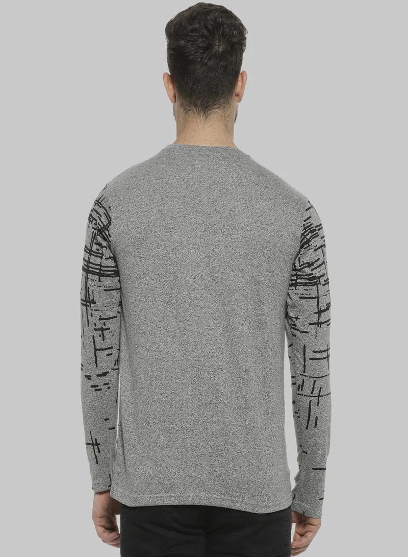 Campus Sutra Campus Sutra Men's Grey Printed Crewneck Long Sleeve Regular Fit T-Shirt For Casual Wear | Modern Clothing T-Shirt Crafted With Comfort Fit And High-Performance For Everyday Wear