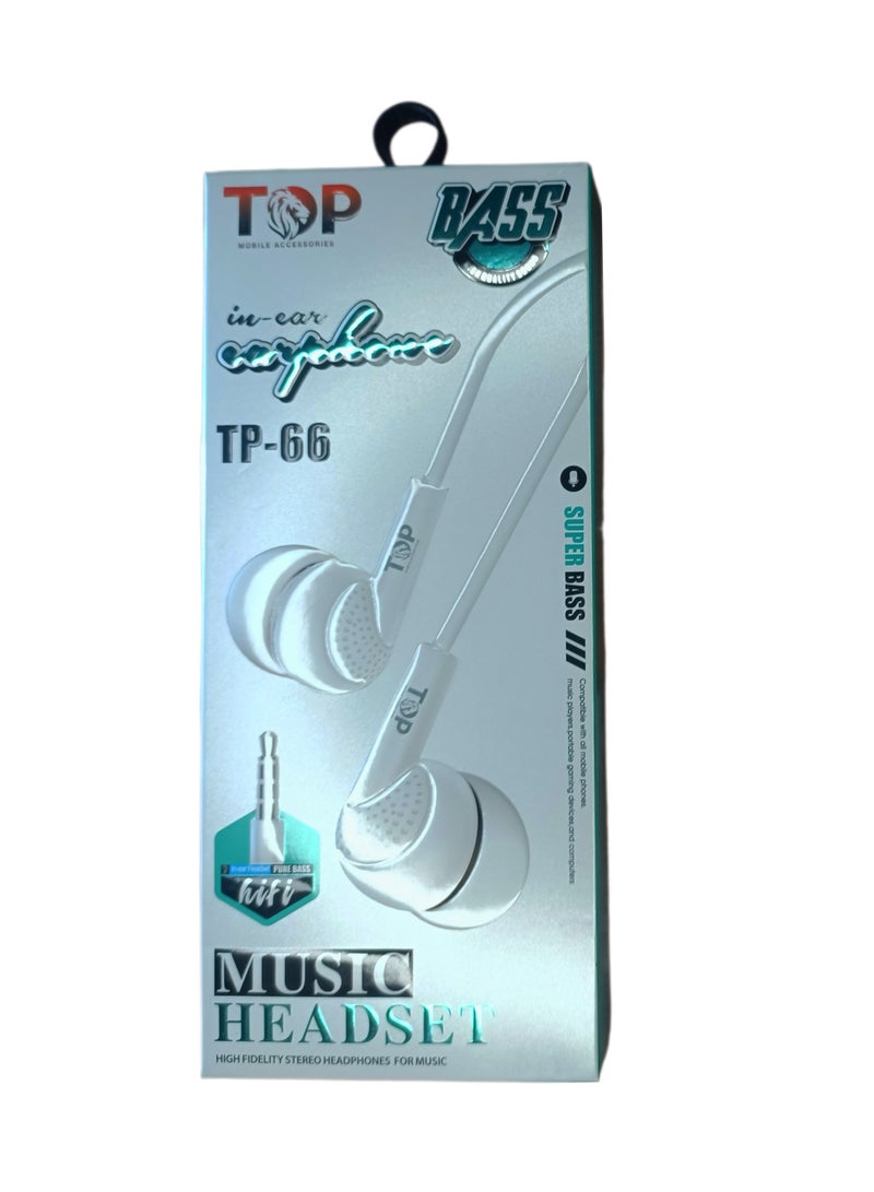 TOP TP-66 Wired Earphones with Microphone for Calls, White  - Image 3