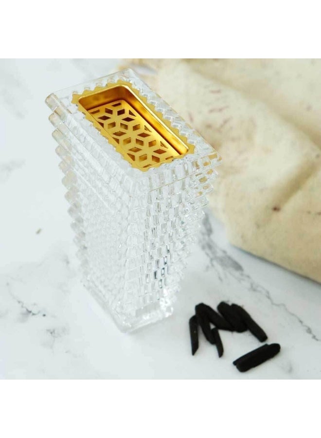SAQOWARE Alsaqer Crystal Glass Bakhoor Burner-Square | Oud burner | Incense Bakhoor Charcoal Burner | مبخرة عود,مبخرة بخور | Frankincense Burner | Madkhan | Mabkhara | Bakhoor Gold Incense Burner (Clear)  - Image 5