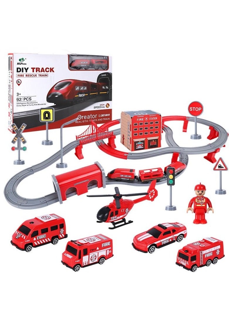 xppier 92 Piece Fire Truck Train Track Set, DIY Magnetic Railway Building Blocks for Kids, Educational STEM Construction Toy with Themed Vehicles  - Image 2