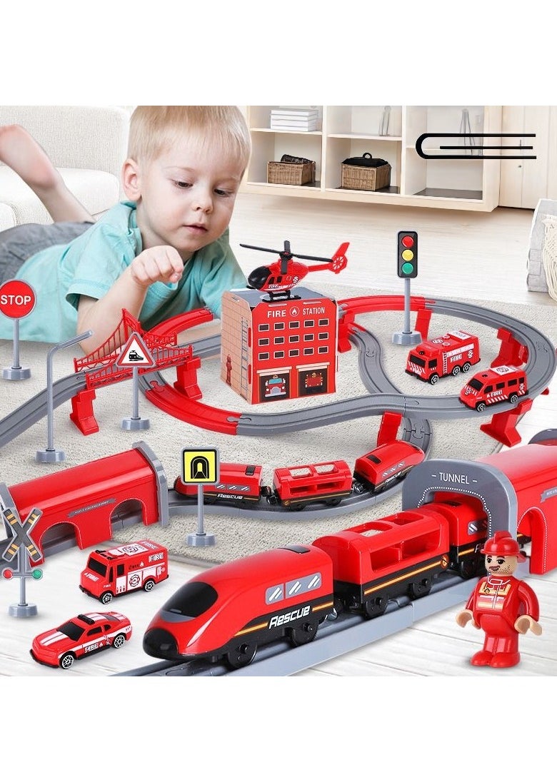xppier 92 Piece Fire Truck Train Track Set, DIY Magnetic Railway Building Blocks for Kids, Educational STEM Construction Toy with Themed Vehicles  - Image 1
