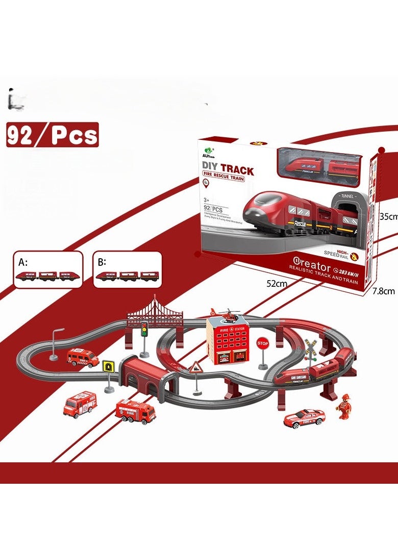 xppier 92 Piece Fire Truck Train Track Set, DIY Magnetic Railway Building Blocks for Kids, Educational STEM Construction Toy with Themed Vehicles  - Image 3