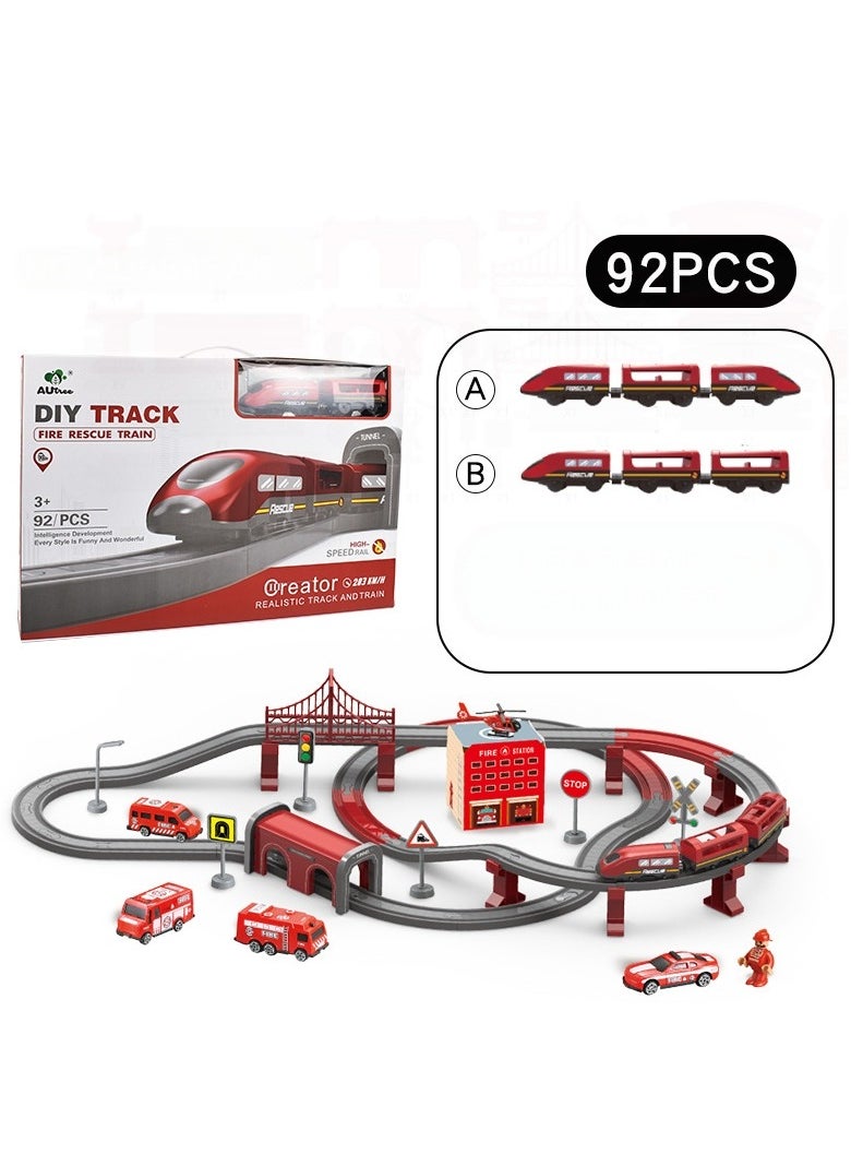 xppier 92 Piece Fire Truck Train Track Set, DIY Magnetic Railway Building Blocks for Kids, Educational STEM Construction Toy with Themed Vehicles  - Image 5