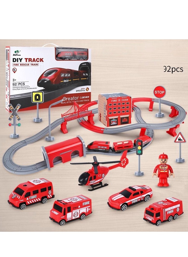 xppier 92 Piece Fire Truck Train Track Set, DIY Magnetic Railway Building Blocks for Kids, Educational STEM Construction Toy with Themed Vehicles  - Image 4