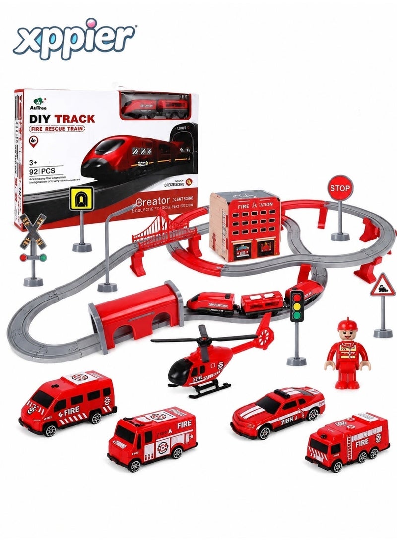 xppier 92 Piece Fire Truck Train Track Set, DIY Magnetic Railway Building Blocks for Kids, Educational STEM Construction Toy with Themed Vehicles - Image 1