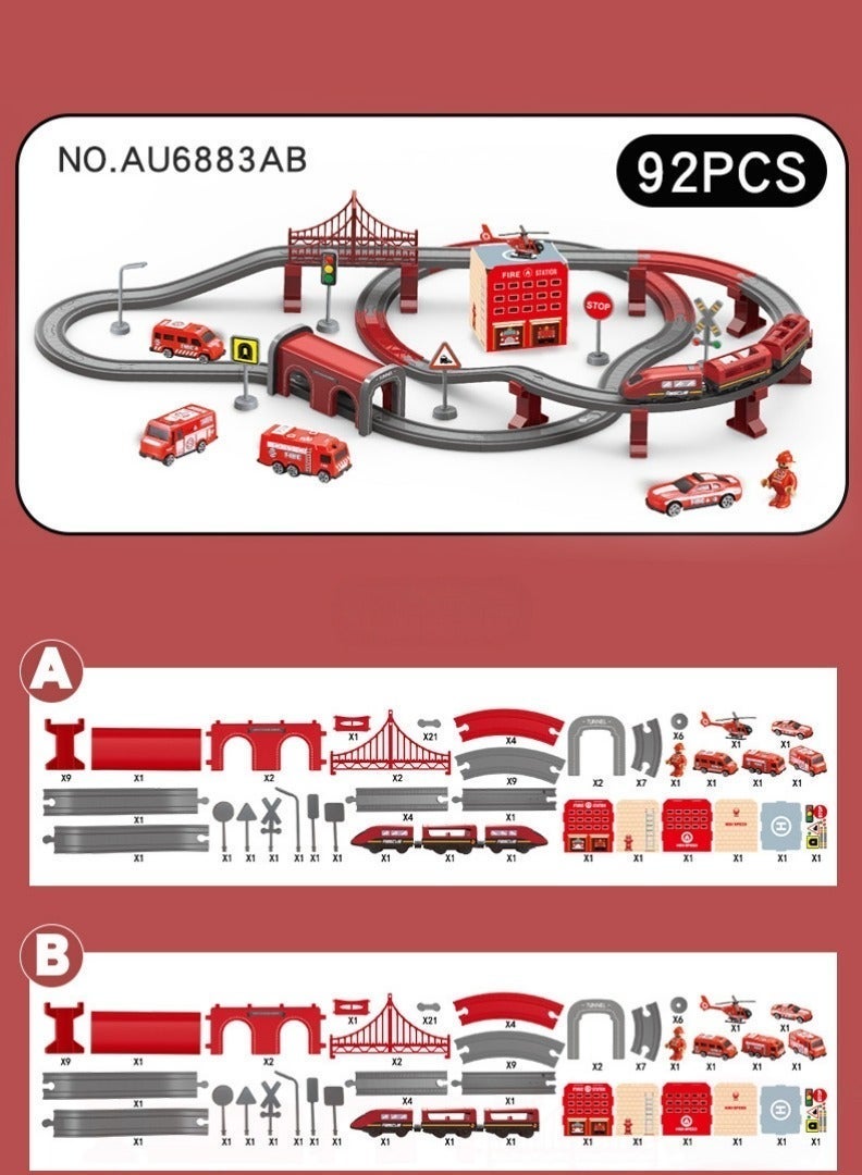 xppier 92 Piece Fire Truck Train Track Set, DIY Magnetic Railway Building Blocks for Kids, Educational STEM Construction Toy with Themed Vehicles - Image 5