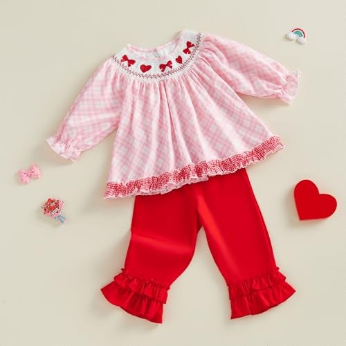 BemeyourBBs Toddler Girl Valentines Outfits Baby Girl Long Sleeve Shirts Tunic Top and Ruffle Pants Set Cute Infant Clothes (Smocked Bow Heart Red, 18-24 Months) - Image 4