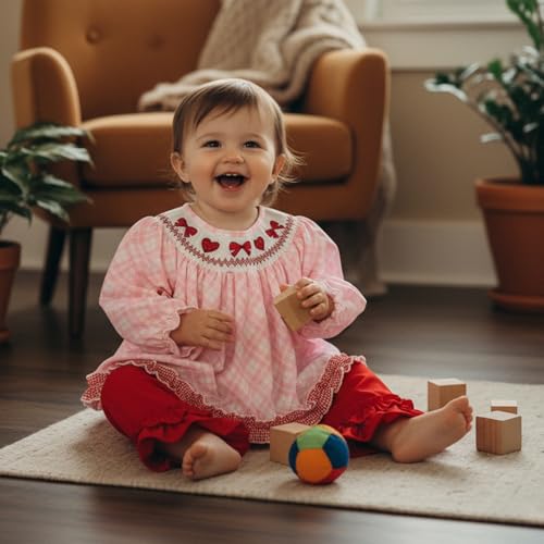BemeyourBBs Toddler Girl Valentines Outfits Baby Girl Long Sleeve Shirts Tunic Top and Ruffle Pants Set Cute Infant Clothes (Smocked Bow Heart Red, 18-24 Months) - Image 2
