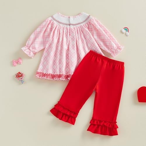 BemeyourBBs Toddler Girl Valentines Outfits Baby Girl Long Sleeve Shirts Tunic Top and Ruffle Pants Set Cute Infant Clothes (Smocked Bow Heart Red, 18-24 Months) - Image 5