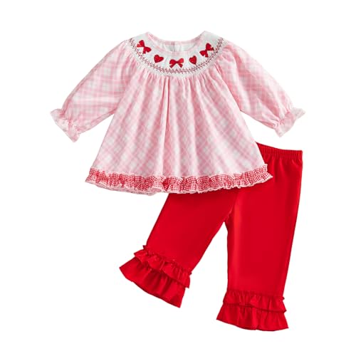 BemeyourBBs Toddler Girl Valentines Outfits Baby Girl Long Sleeve Shirts Tunic Top and Ruffle Pants Set Cute Infant Clothes (Smocked Bow Heart Red, 18-24 Months) - Image 1