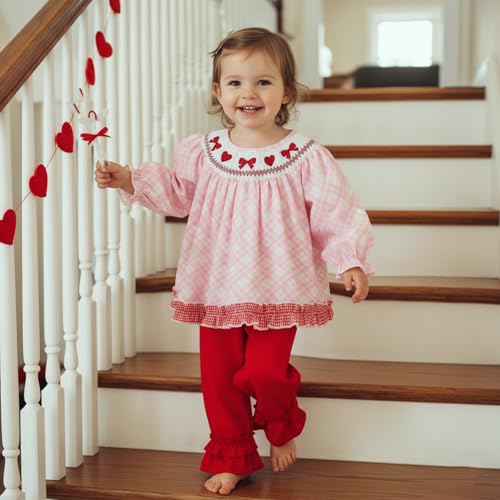 BemeyourBBs Toddler Girl Valentines Outfits Baby Girl Long Sleeve Shirts Tunic Top and Ruffle Pants Set Cute Infant Clothes (Smocked Bow Heart Red, 18-24 Months) - Image 3
