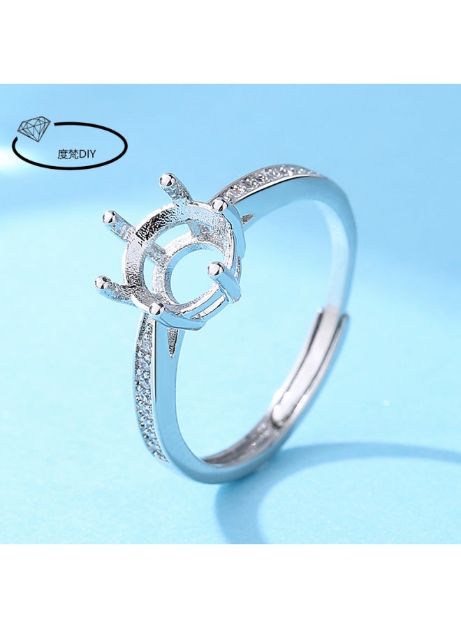 Ethnic-style White-gold Copper Ring Empty-holder Diy Inlaid With Round Huizi Diamond Jade Egg Noodles Women's Ring-holder Imitation 925 Silver
