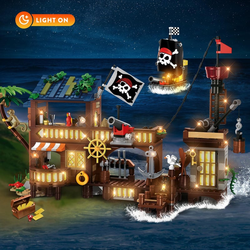 HOGOKIDS Pirate Ship House Building Set with LED Light - 3 Style Modes Pirate Wharf Supply Center Building Block Set, 781PCS STEM Bricks Kit for Kids Girls Boys Ages 6-12+ Birthday Gifts - Image 4