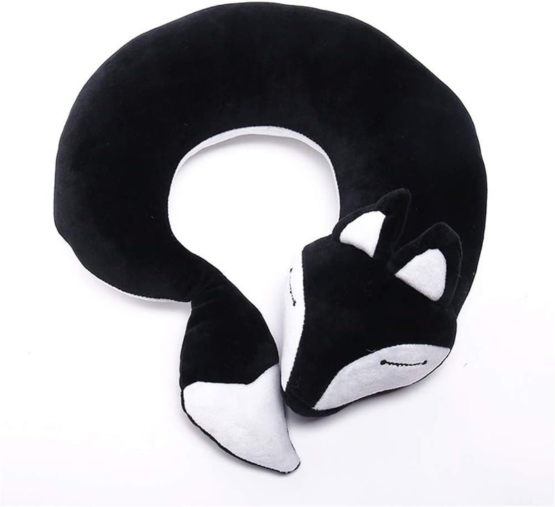 jidachuang Travel Pillows Planes Fox Animal U-Shaped Neck Pillow Plush Fur Warm Cartoon Comfortable Luggage Pillow for Airplanes Car Train (A-Black) - Image 1