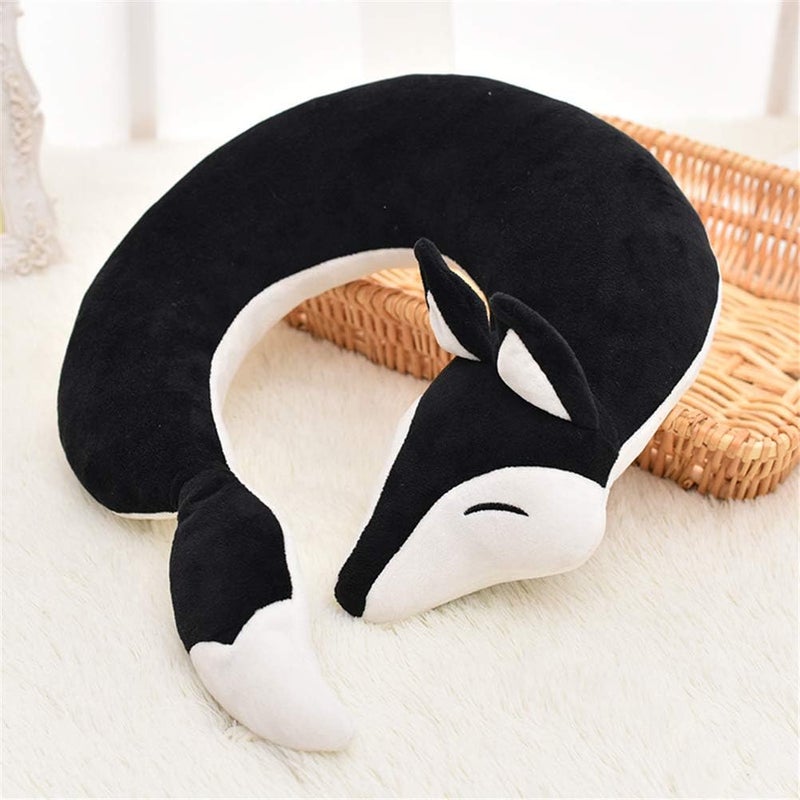 jidachuang Travel Pillows Planes Fox Animal U-Shaped Neck Pillow Plush Fur Warm Cartoon Comfortable Luggage Pillow for Airplanes Car Train (A-Black) - Image 2