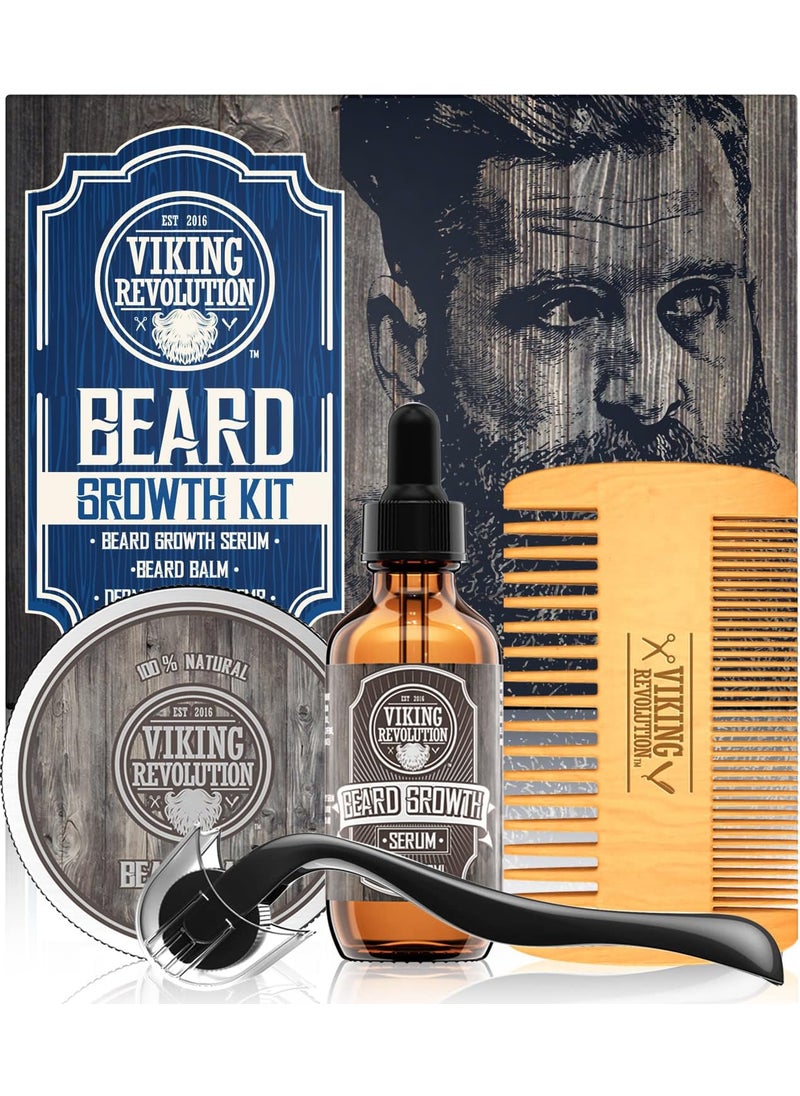 Viking Revolution Beard Growth Kit - Oil, Balm, Serum, Derma Roller & Wooden Comb for Beard & Mustache Growth 