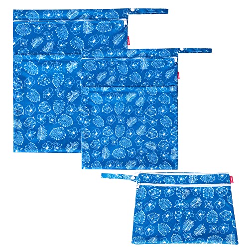 Damero حقائب غسيل السفر داميرو 3 قطع، حقائب قابلة لإعادة الاستخدام للأشياء الرطبة والجافة، حقائب ملابس متسخة قابلة للغسل للجيم والسباحة واليوغا، زهور زرقاء - Image 1