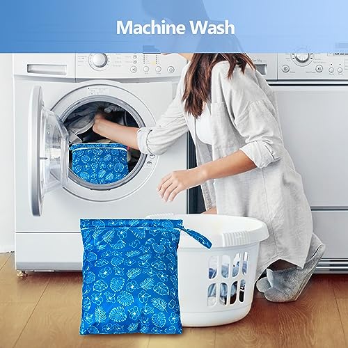Damero حقائب غسيل السفر داميرو 3 قطع، حقائب قابلة لإعادة الاستخدام للأشياء الرطبة والجافة، حقائب ملابس متسخة قابلة للغسل للجيم والسباحة واليوغا، زهور زرقاء - Image 5
