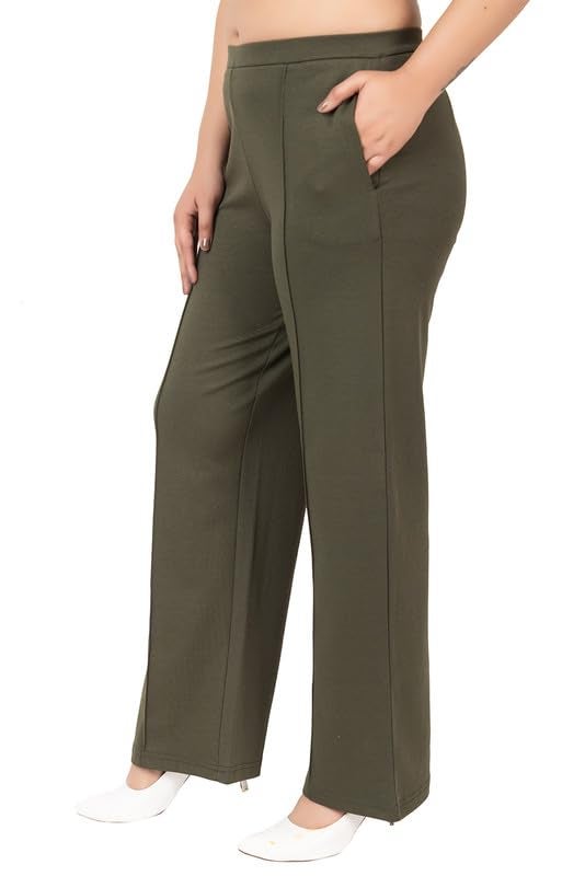 Mlada Store Mlada Mid Waist Wide Leg Flared Pants Elastic Waist Band for Women Office Work Formal Wear Stretch Cotton Knit Flare Pants Utility Pockets Extra Flare Pants Trousers for Travel Olive - Image 1