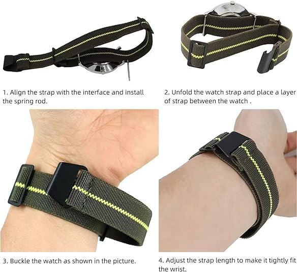 Danxancy French Troops Paratrooper Watchband,Military Elastic Nylon Watch Strap with Hook-and-Loop for Men Women Silver & Black Buckle 18/20/22mm - Image 4