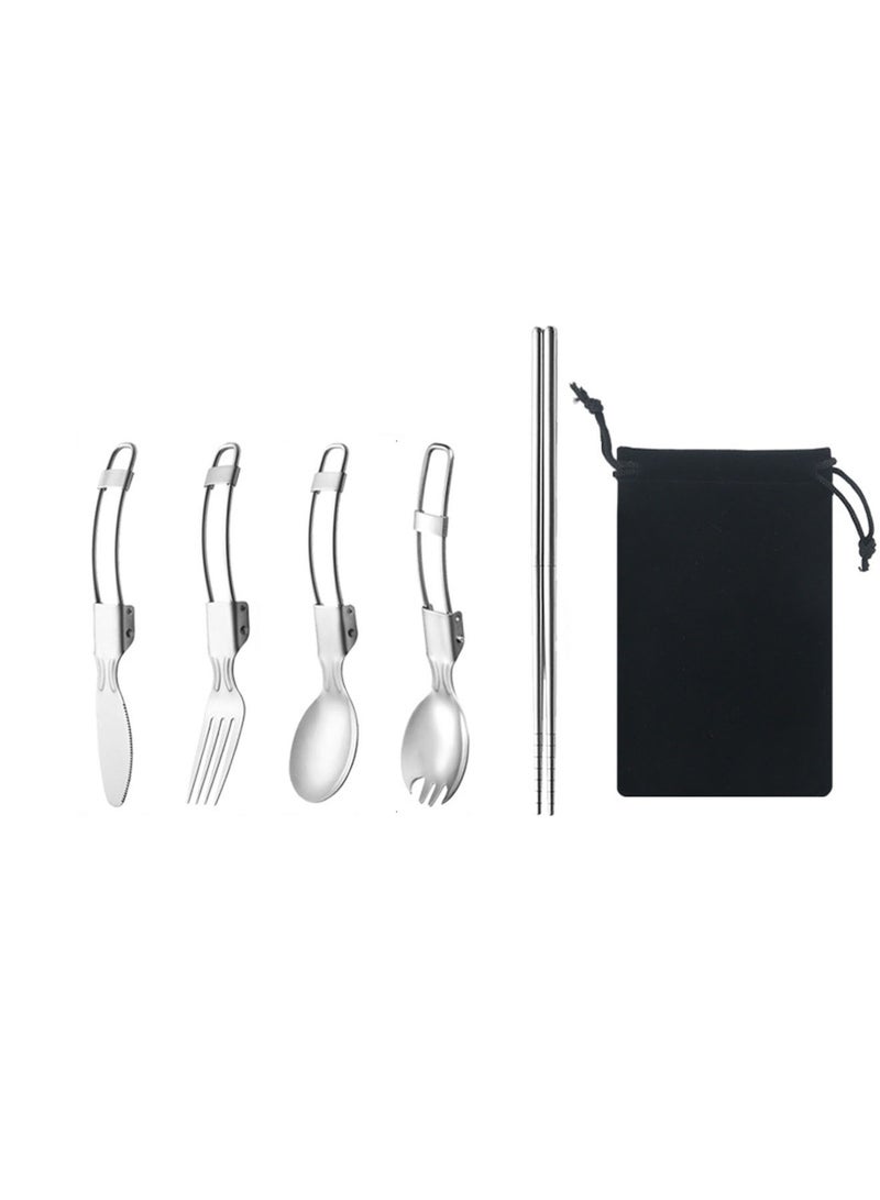 5 in 1 Stainless Steel Camping Utensil Set Portable Folding Picnic Dinner Eating Flatware Picnic Cutlery Set Foldable Camping Utensil Set  - Image 1
