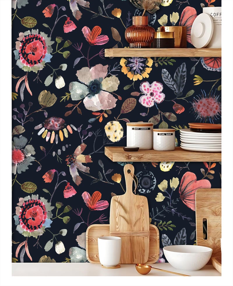 Vintique Wallpaper Peel and Stick Floral Wall Paper Removable Waterproof Blue/Red/Yellow Contact Paper for Bedroom Cabinets Shelf Drawers Renter Friendly 17.3" x 118" - Image 4
