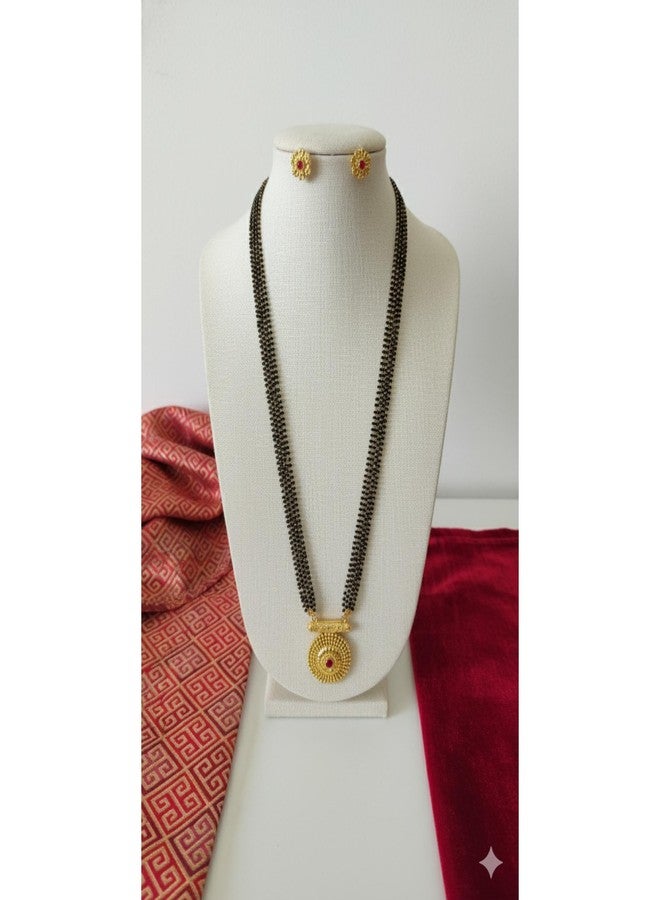 AAIKU Traditional Maharashtrian Mangalsutra with Round Pendant & Earrings | Gold Plated Black Bead Long Chain | Micropolish Mangal sutra Design Jewelry for Women & Girls (30 INCH- 4 LINE) - Image 5