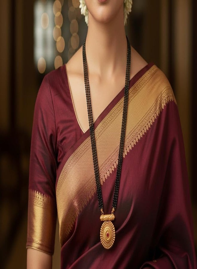 AAIKU Traditional Maharashtrian Mangalsutra with Round Pendant & Earrings | Gold Plated Black Bead Long Chain | Micropolish Mangal sutra Design Jewelry for Women & Girls (30 INCH- 4 LINE) - Image 2